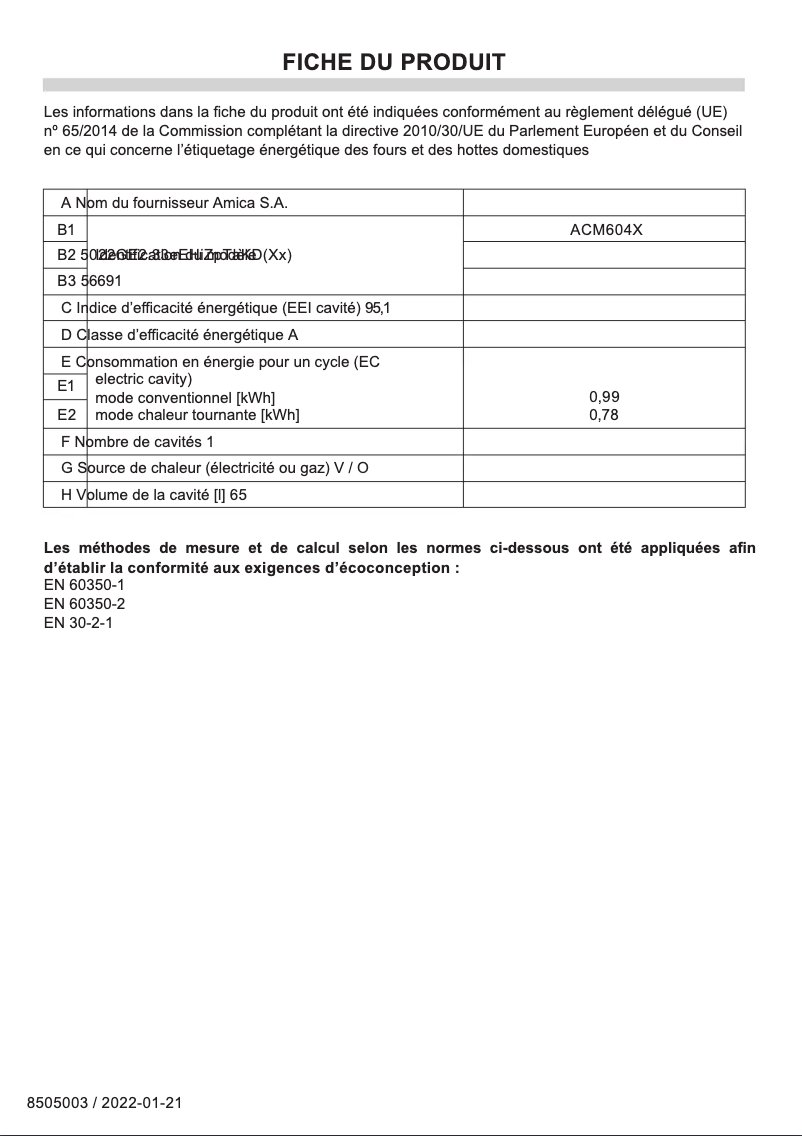 Page 1 de la notice Fiche technique Amica ACM604X