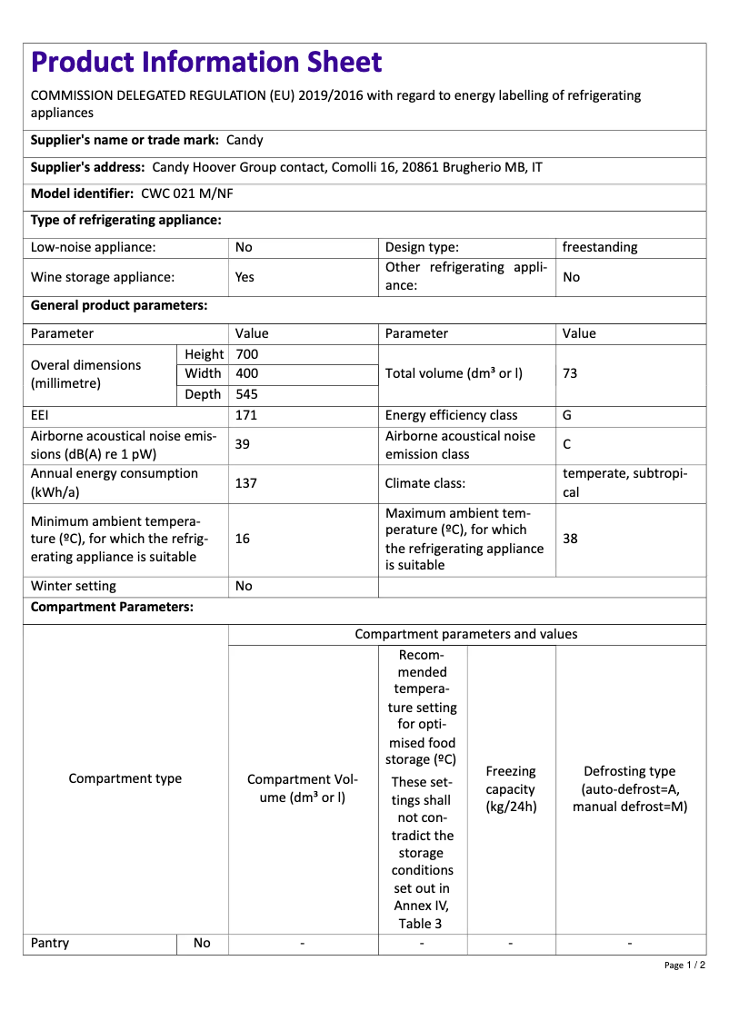Image de la première page du manuel de l'appareil CWC 021 M/NF