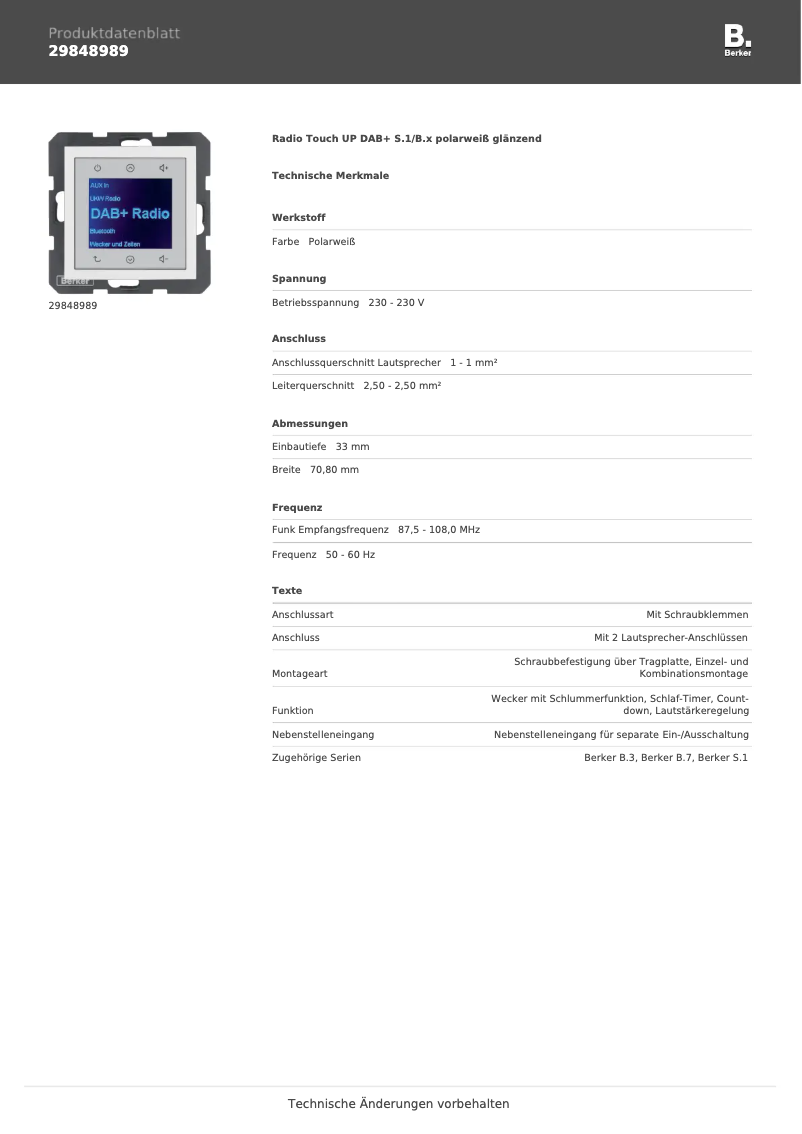 Page n°1 - Fiche technique Berker 29848989