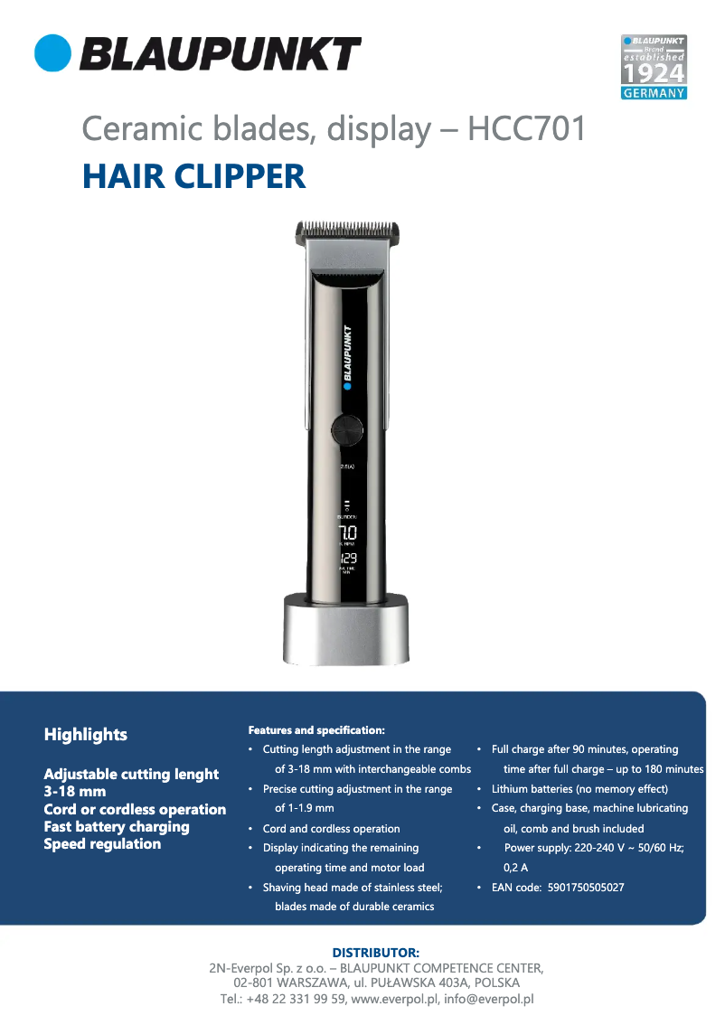 Page 1 de la notice Fiche technique Blaupunkt HCC701