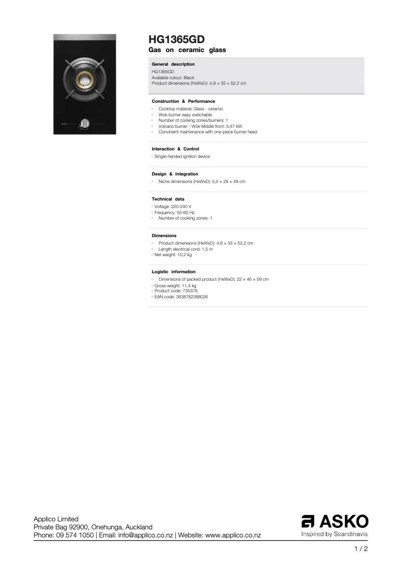 Page n°1 - Fiche technique Asko HG1365GD