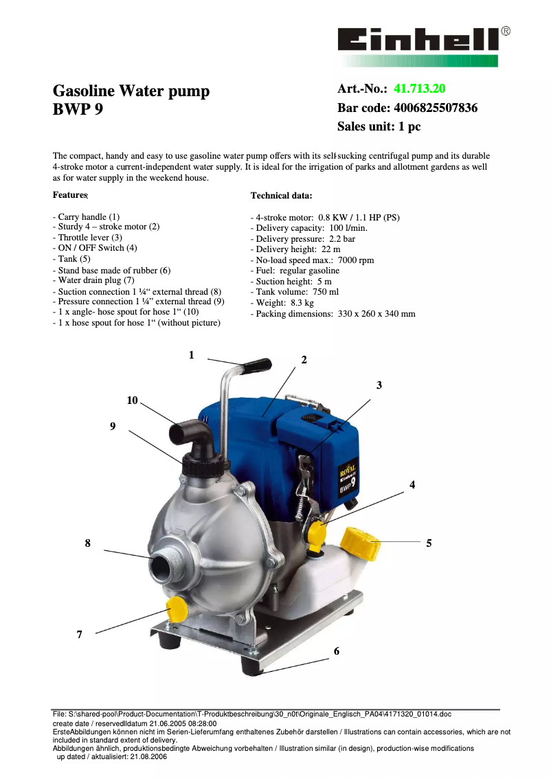 Page 1 de la notice Manuel utilisateur Einhell Royal BWP 9