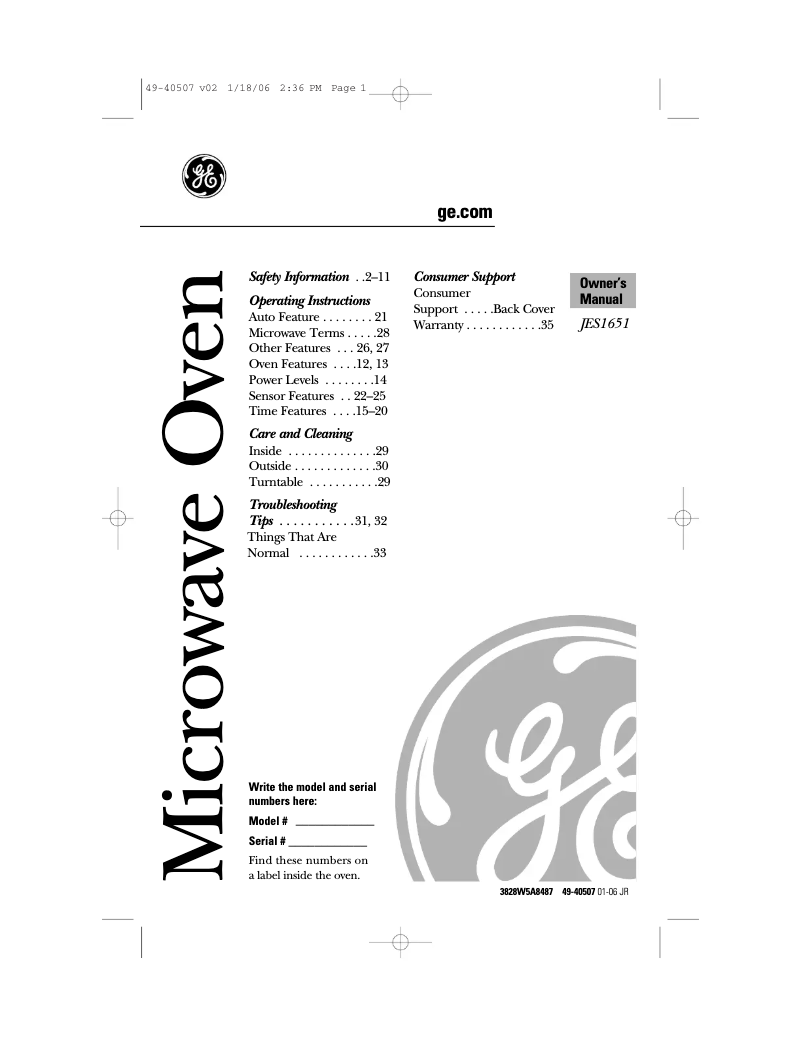 Page n°1 - Manuel d'utilisation et d'entretien GE JES1651SJ