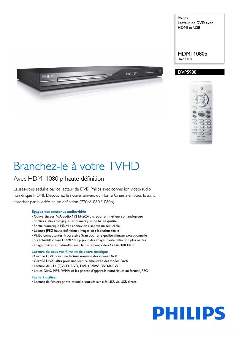 Page 1 de la notice Fiche technique Philips DVP5980