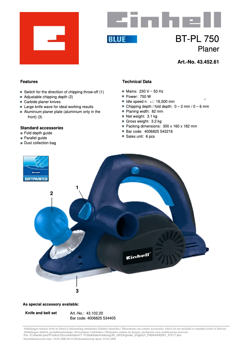 Page 1 de la notice Manuel utilisateur Einhell BT-PL 750