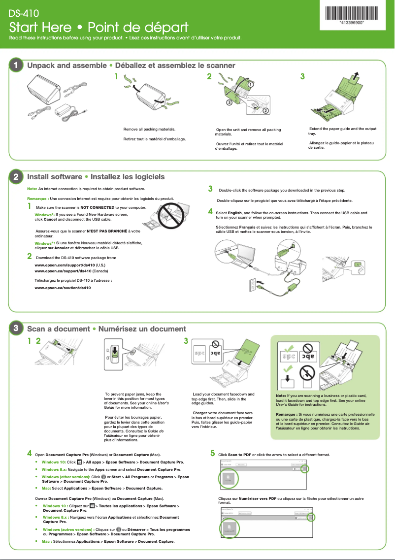 Page n°1 - Guide d'installation Epson DS-410