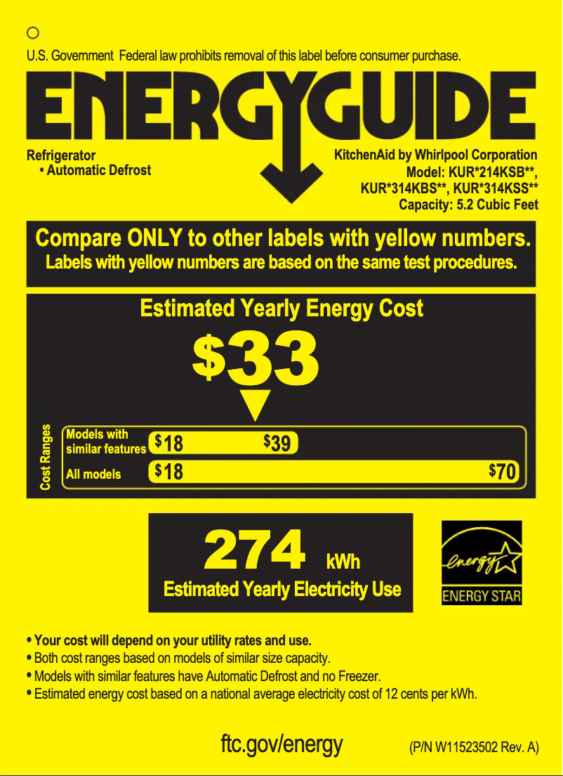 Page 1 de la notice Label énergétique KitchenAid KURL314KSS
