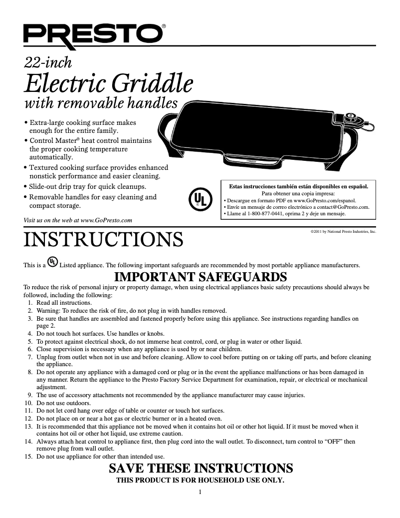 Page 1 de la notice Manuel utilisateur Presto 07061