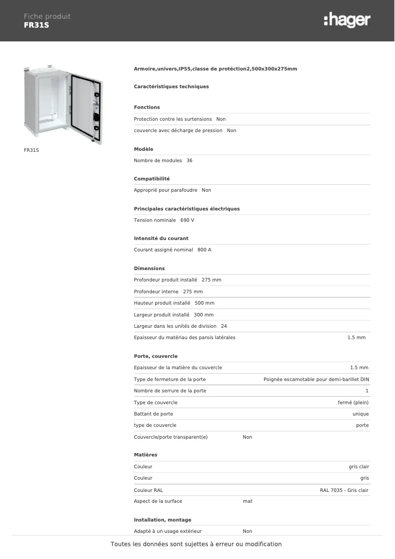 Page 1 de la notice Fiche technique Hager FR31S