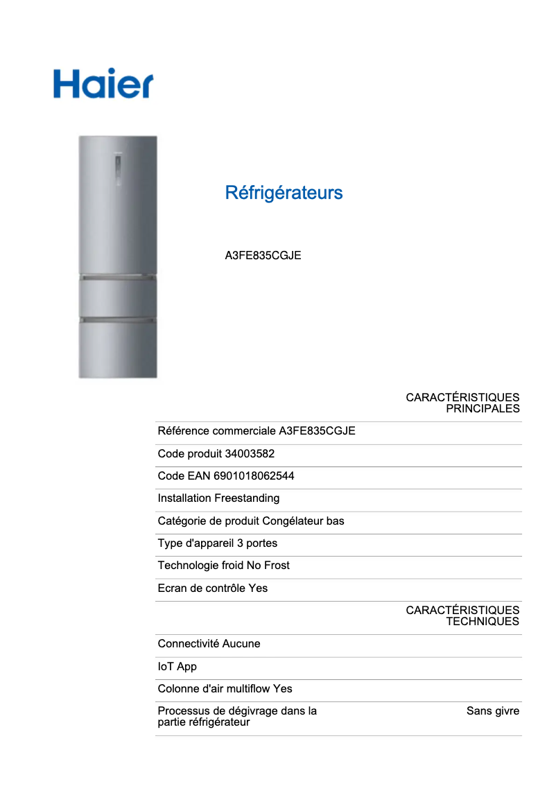 Page n°1 - Fiche technique Haier A3FE835CGJE