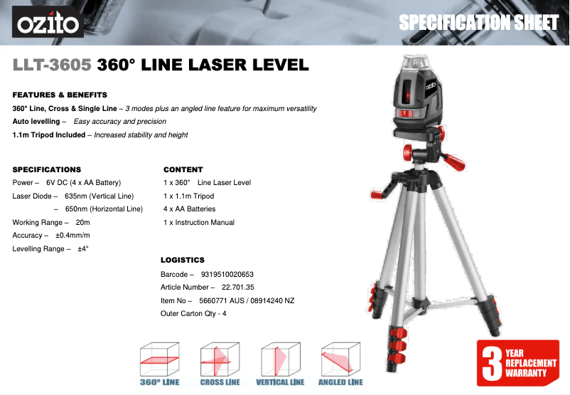 Page n°1 - Fiche technique Ozito LLT-3605