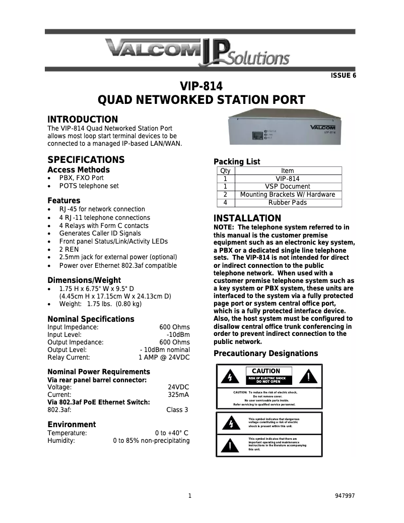 Page 1 de la notice Manuel utilisateur Valcom VIP-814