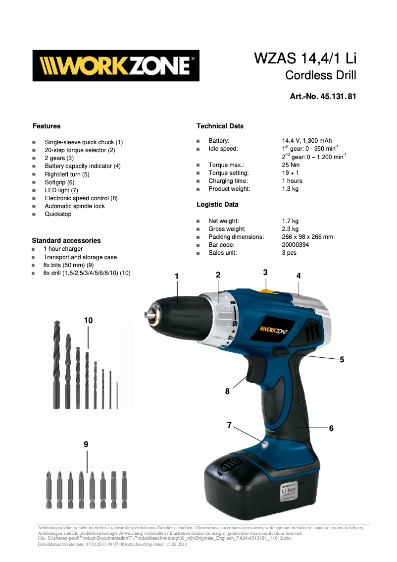 Page 1 de la notice Fiche technique Workzone WZAS 14,4/1 Li