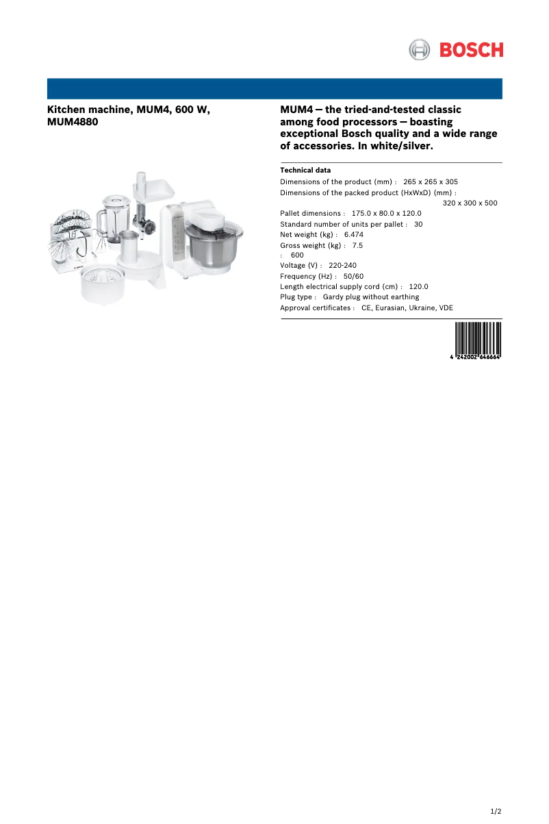 Page n°1 - Fiche technique Bosch MUM4880