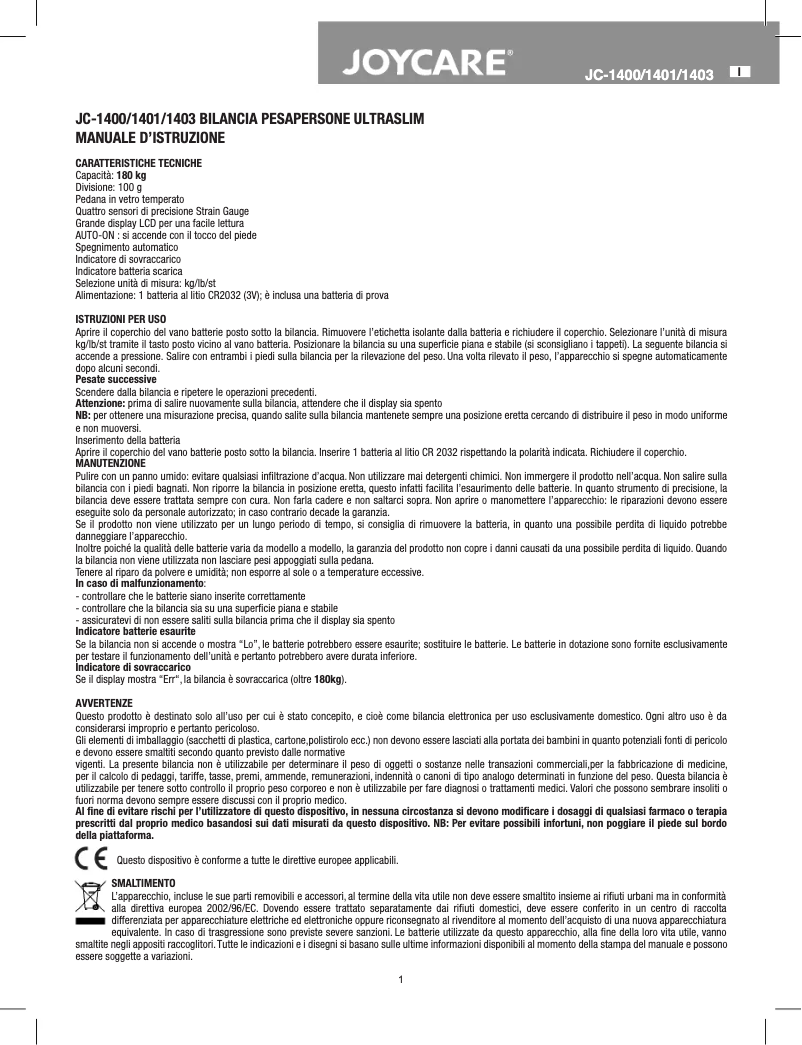 Page 1 de la notice Manuel utilisateur Joycare JC-1400