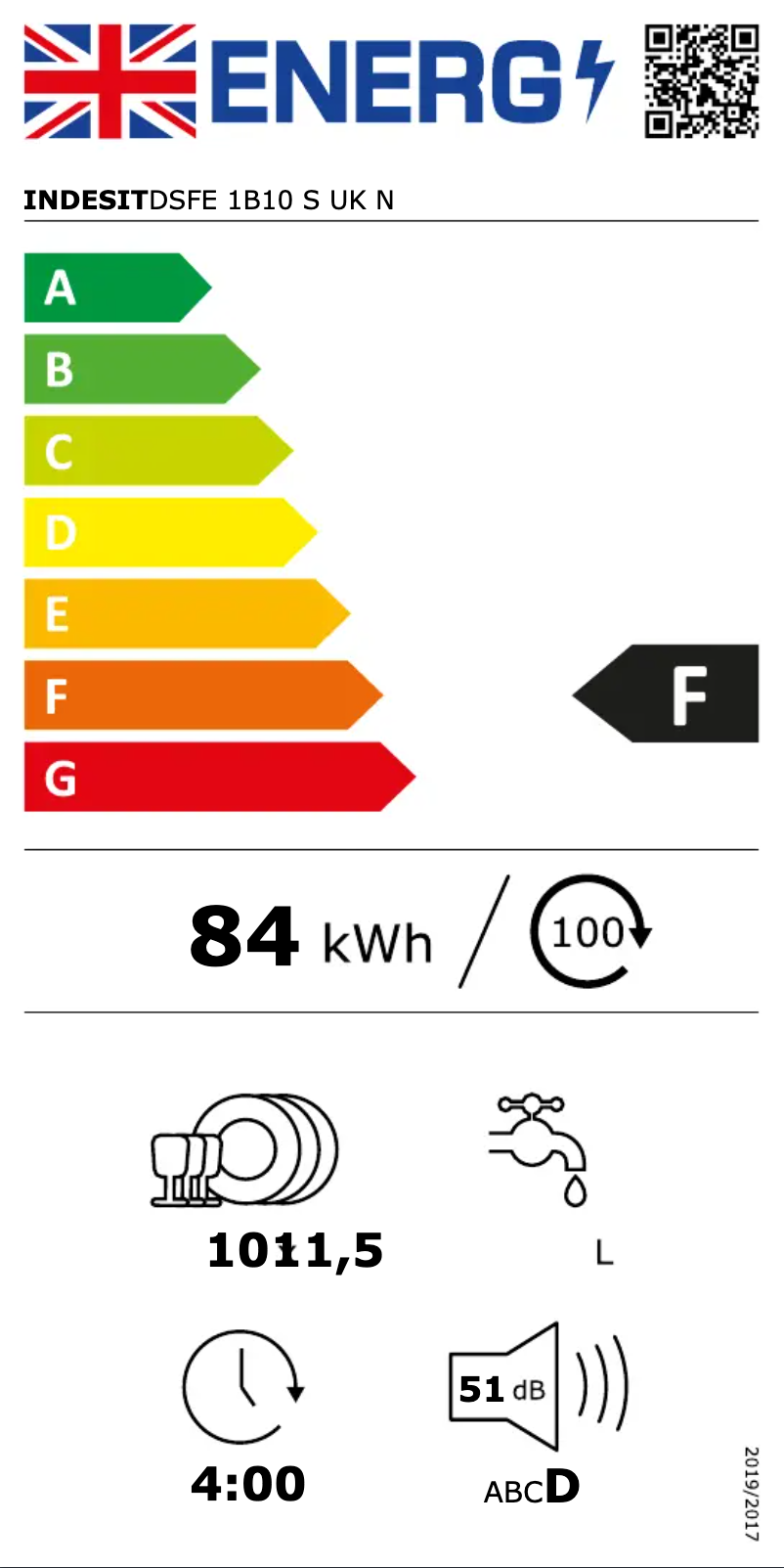 Page 1 de la notice Label énergétique Indesit DSFE 1B10 S UK N