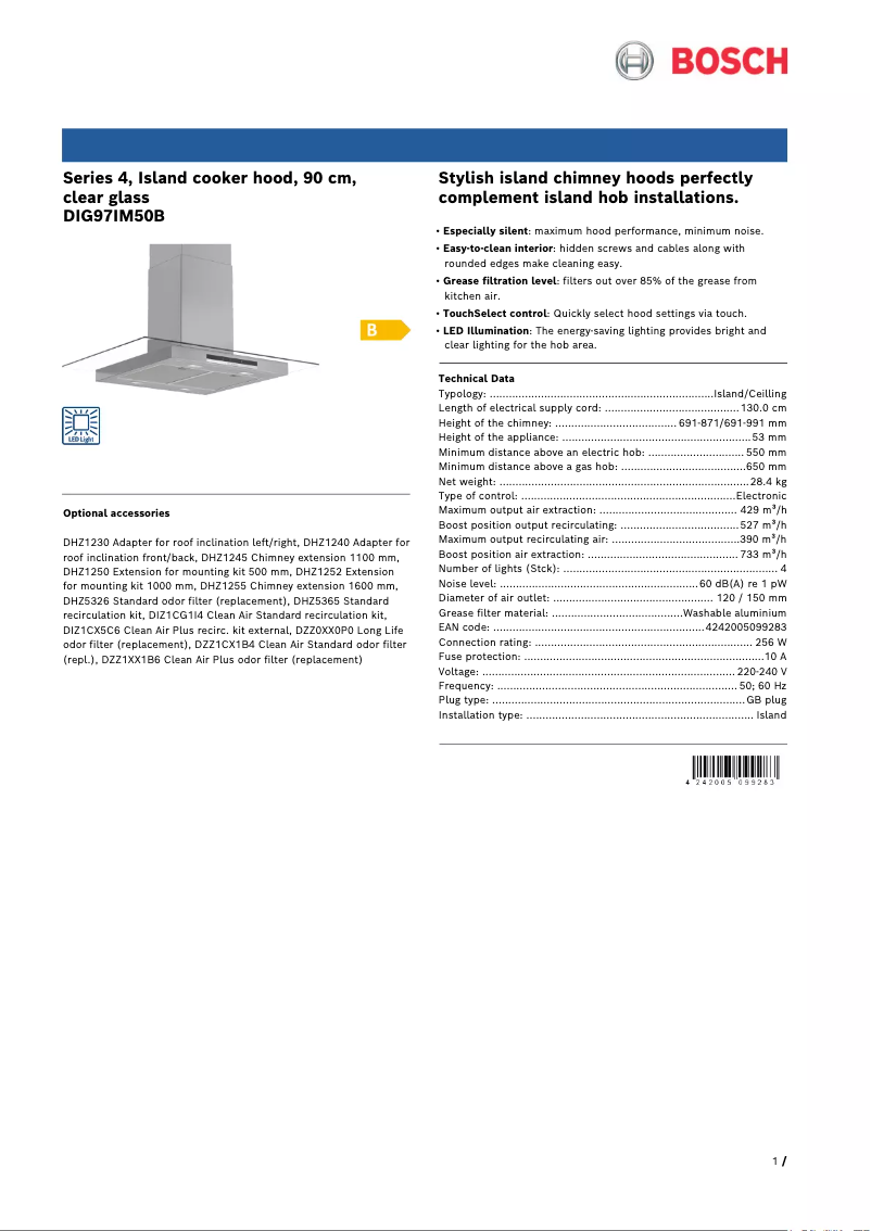 Page 1 de la notice Fiche technique Bosch Serie 4 DIG97IM50B