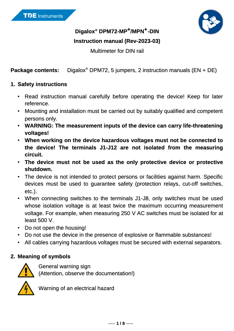Page n°1 - Manuel utilisateur TDE Instruments Digalox DPM72-MPN+-DIN