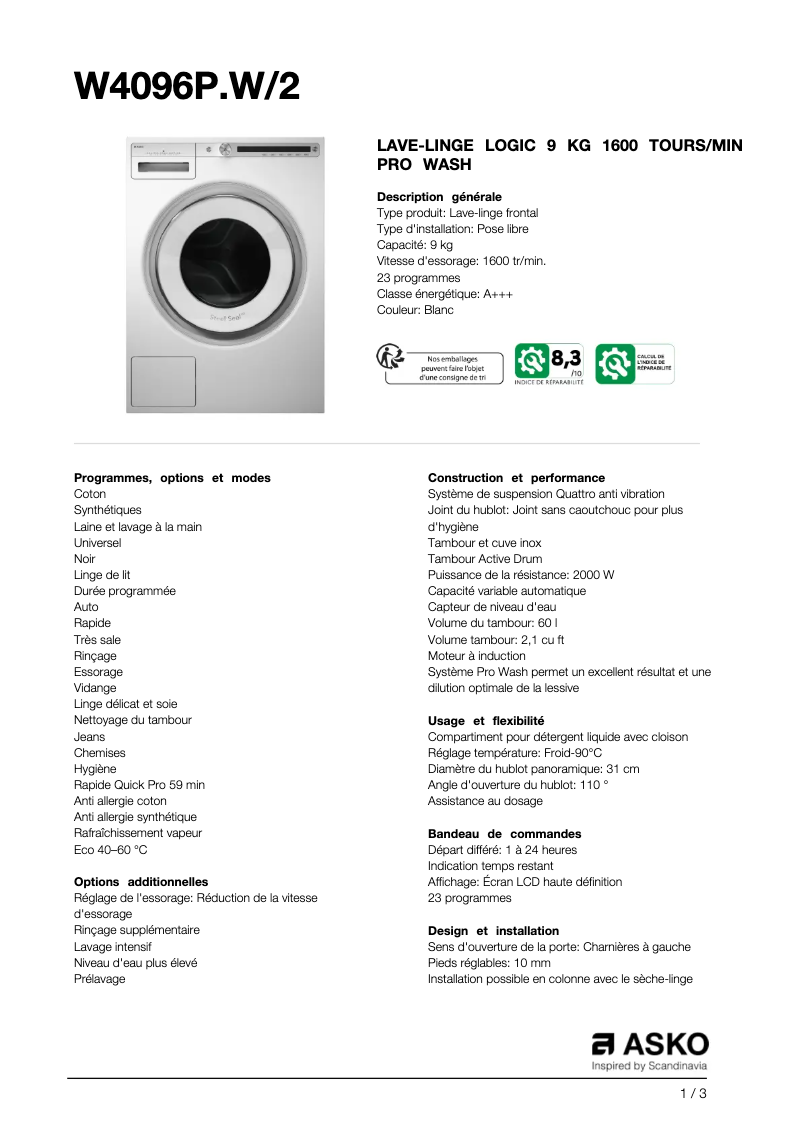 Página 1 del manual Ficha técnica Asko W4096P.W/2