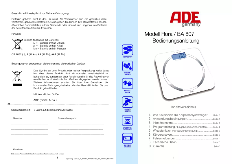 Image de la première page du manuel de l'appareil Flora BA 807