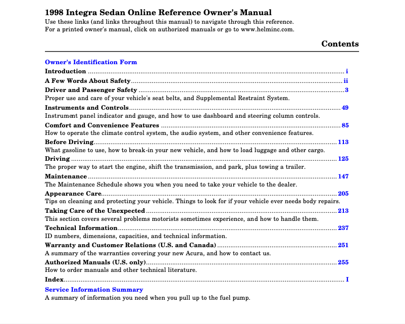 Image de la première page du manuel de l'appareil Integra (1998)