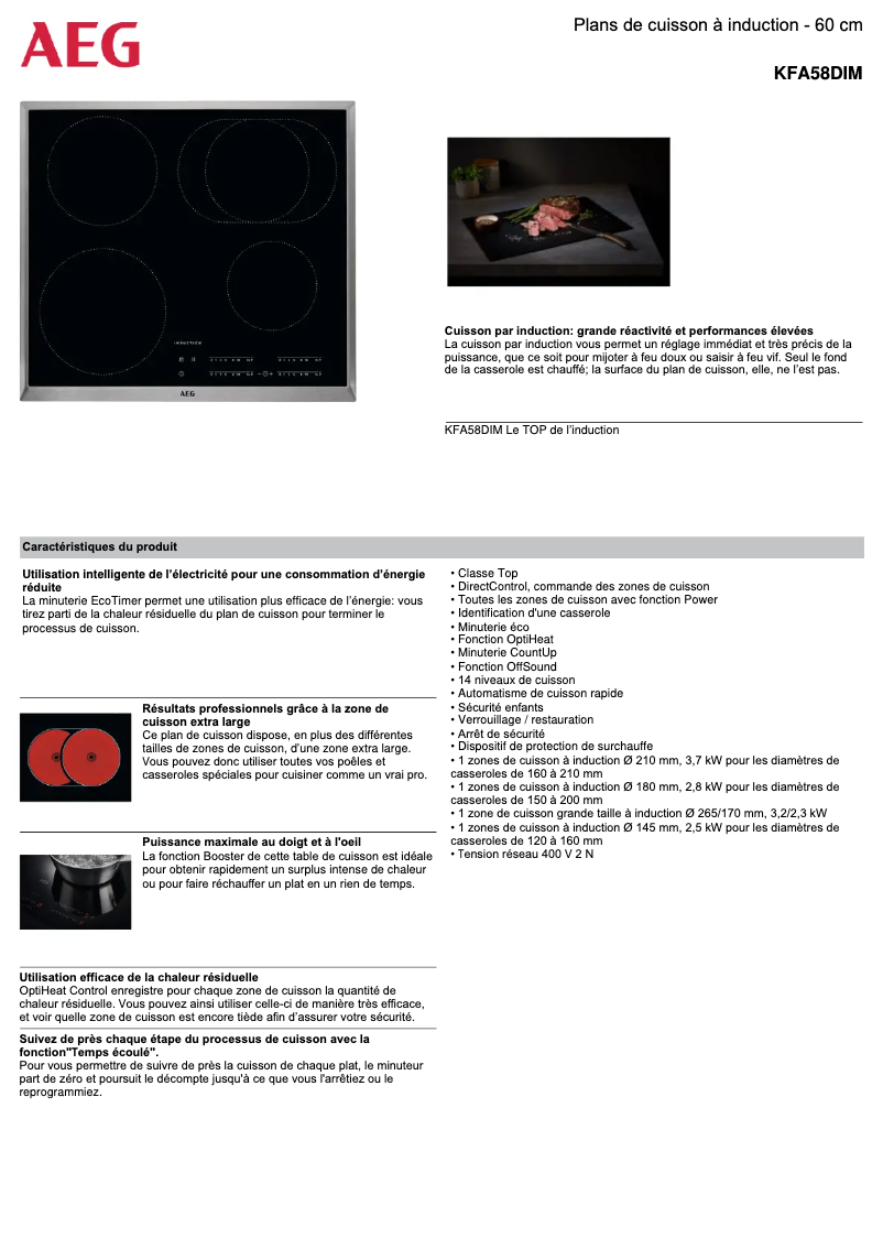 Page 1 de la notice Fiche technique AEG KFA58DIM