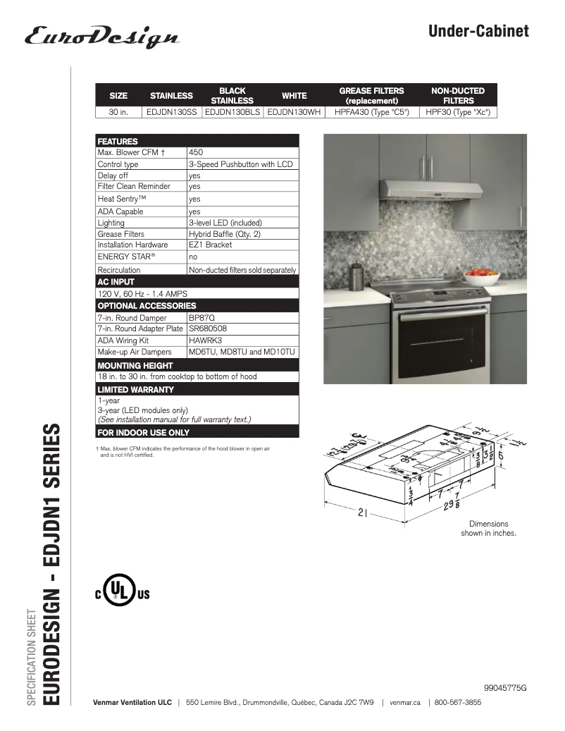 Page 1 de la notice Fiche technique Venmar EDJDN130WH