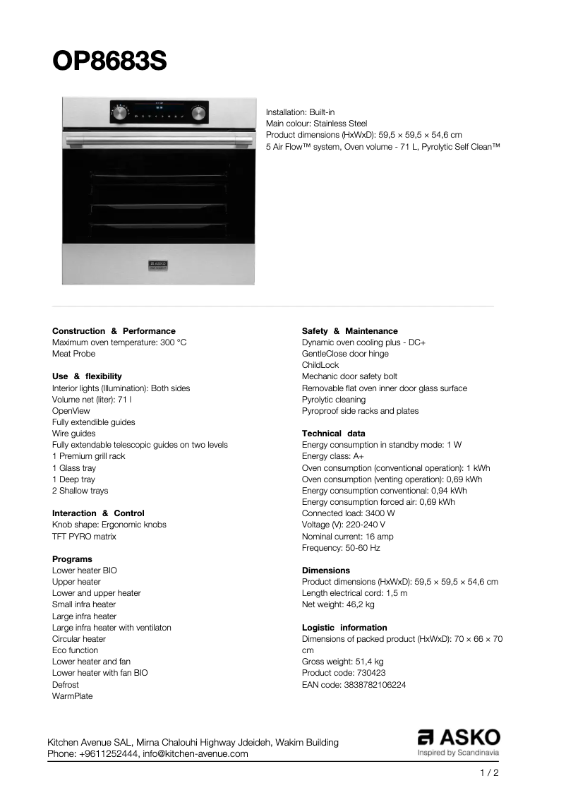 Page 1 de la notice Fiche technique Asko OP8683S
