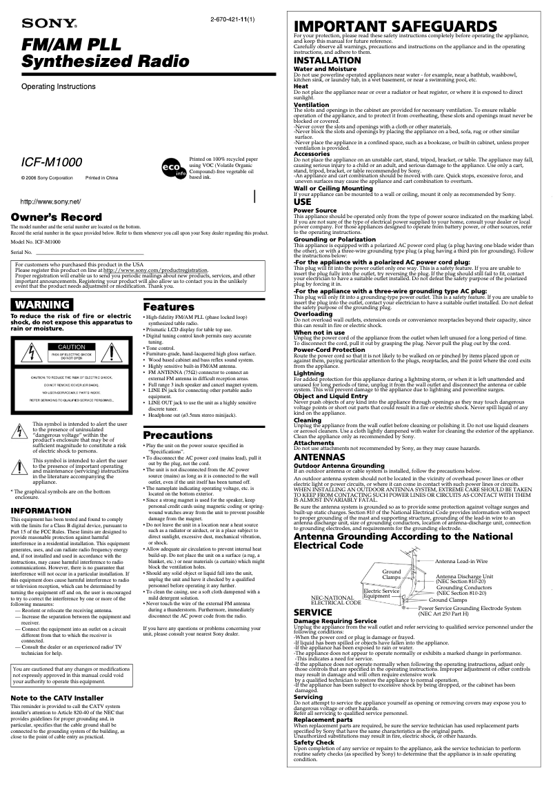 Page 1 de la notice Manuel utilisateur Sony ICF-M1000