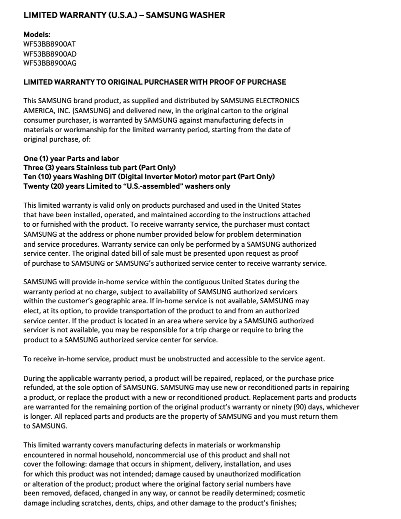 Page 1 de la notice Informations de garantie Samsung WF53BB8900AD