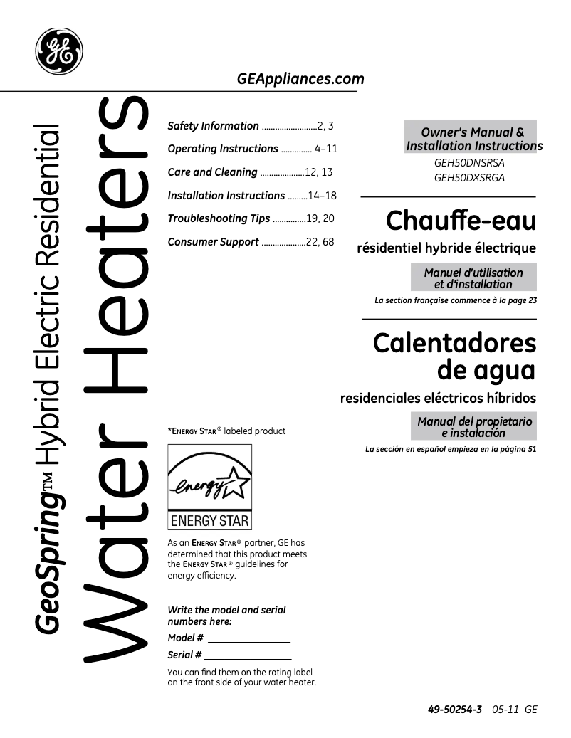 Page 1 de la notice Guide d'installation GE GeoSpring H50DNSRSA