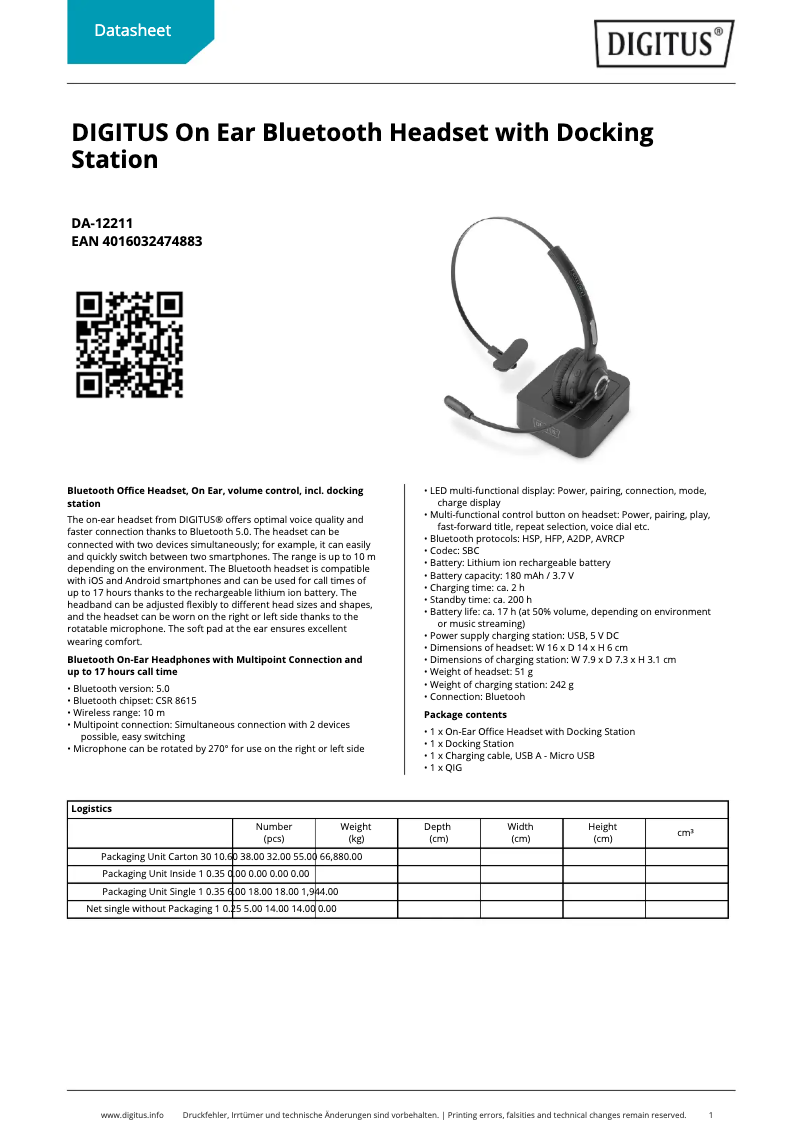 Page 1 de la notice Fiche technique Digitus DA-12211