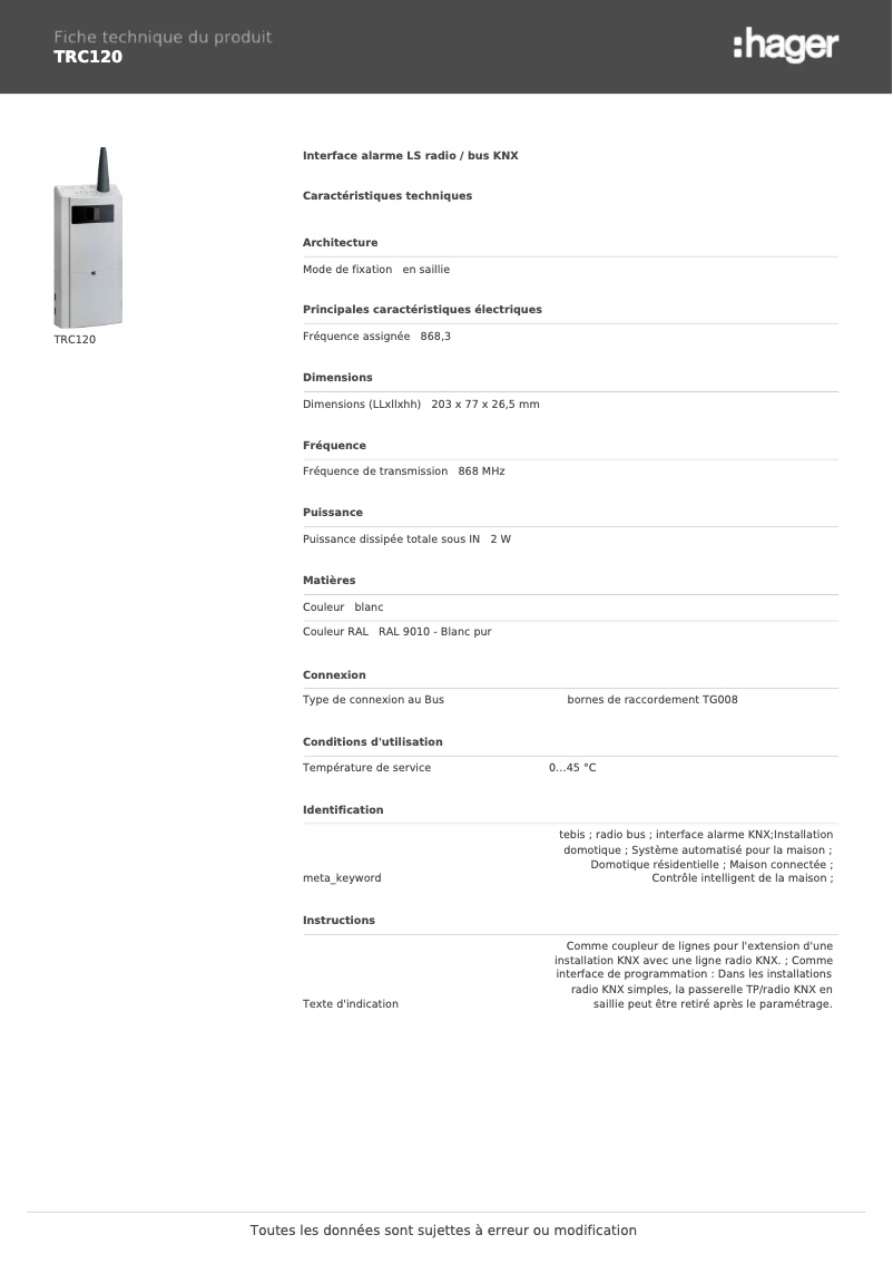 Page 1 de la notice Fiche technique Hager TRC120