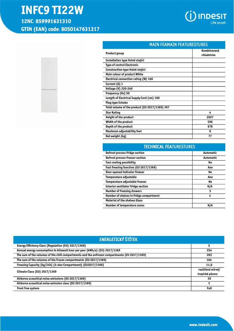 Page n°1 - Fiche technique Indesit INFC9 TI22W