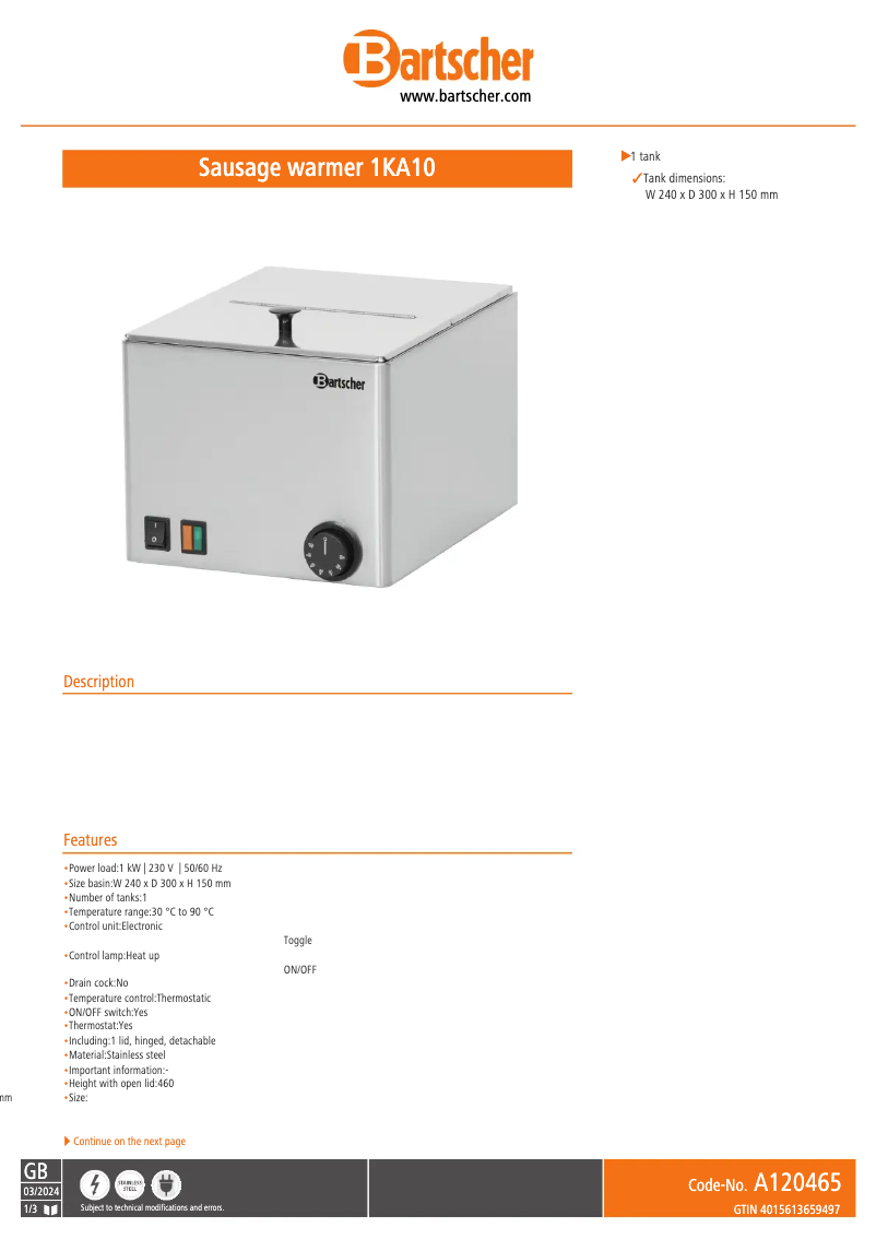 Page 1 de la notice Fiche technique Bartscher 1KA10