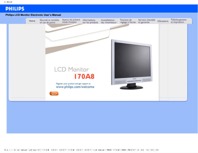 Page 1 de la notice Manuel utilisateur Philips 170A8FB