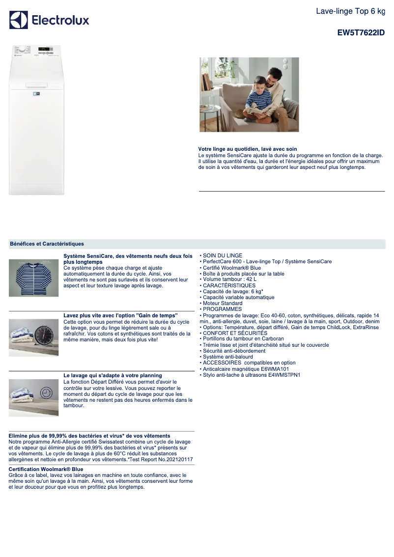 Page 1 de la notice Fiche technique Electrolux EW5T7622ID