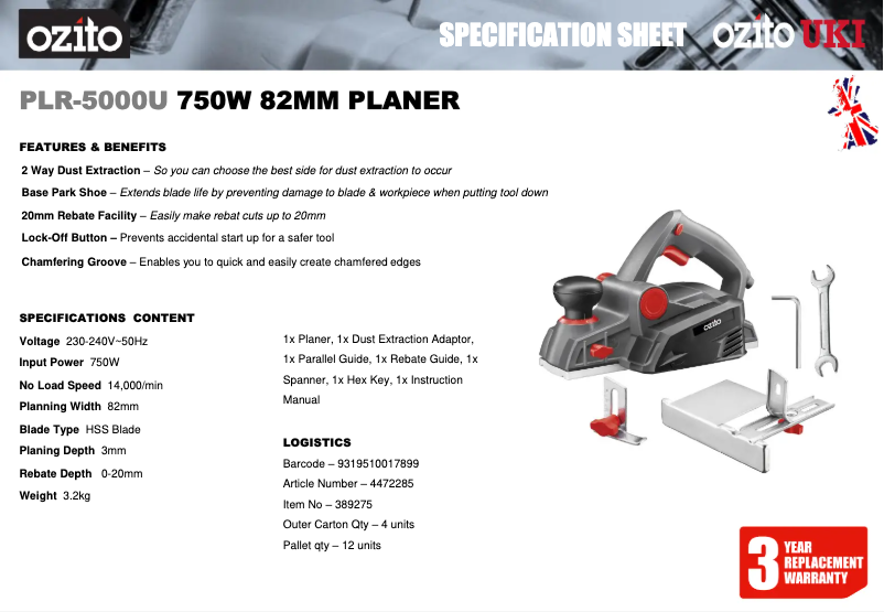 Page 1 de la notice Fiche technique Ozito PLR-5000U