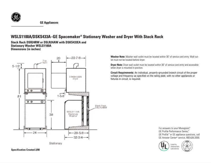 Page 1 de la notice Fiche technique GE WSLS1100AWW