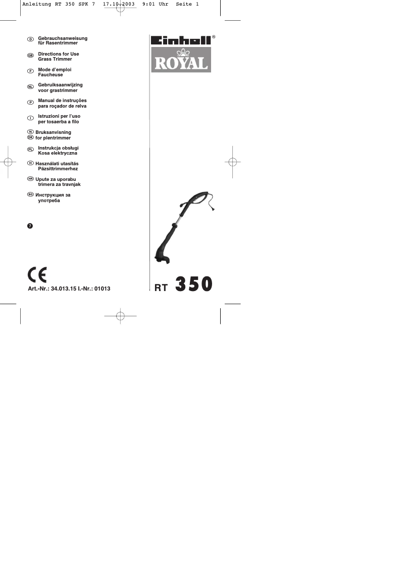 Page 1 de la notice Manuel utilisateur Einhell Royal RT 350