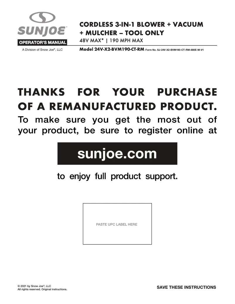 Page 1 de la notice Manuel utilisateur Sun Joe 24V-X2-BVM190-CT-RM