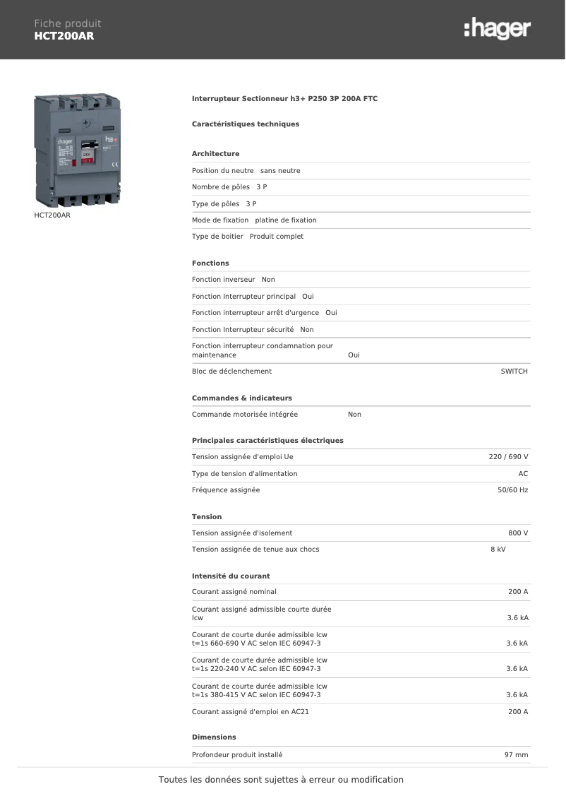 Page n°1 - Fiche technique Hager HCT200AR
