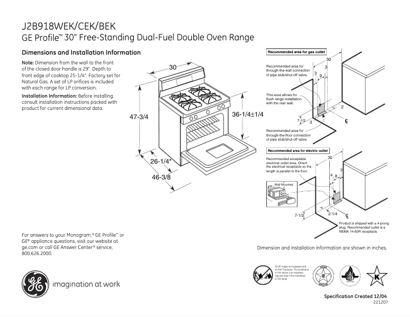 Page n°1 - Fiche technique GE Profile J2B918CEKCC