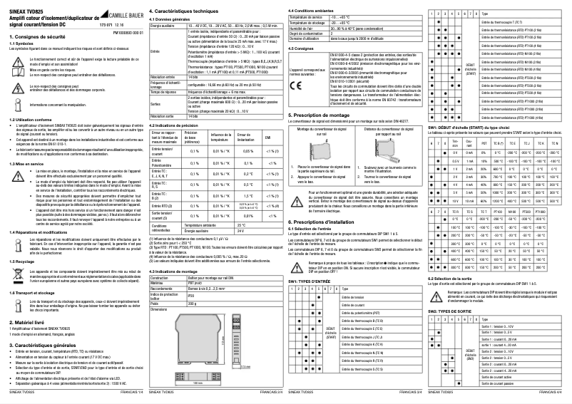 Page 1 de la notice Manuel utilisateur Camille Bauer Sineax TVD825
