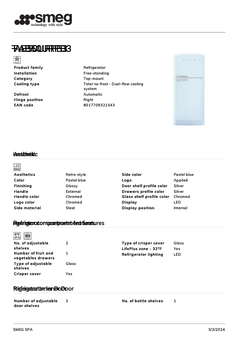 Page n°1 - Fiche technique Smeg FAB50URPB3