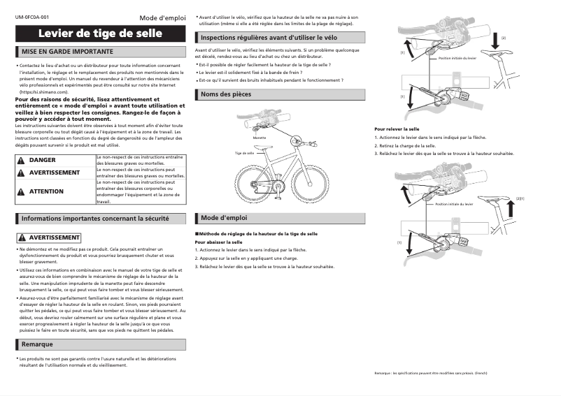 Page 1 de la notice Manuel utilisateur Shimano SL-MT800-IL