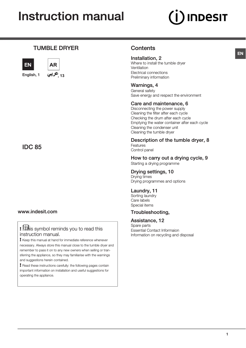 Página 1 del manual Manual de instrucciones Indesit IDC 85 (GCC)