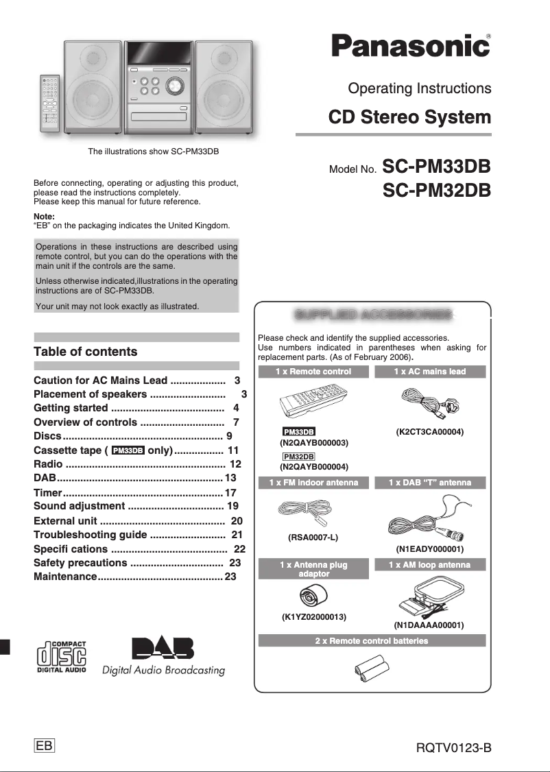 Page 1 de la notice Manuel utilisateur Panasonic SC-PM32DB