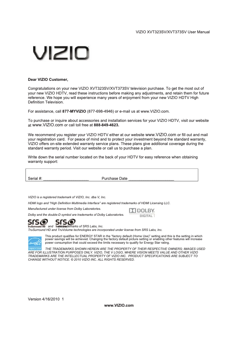 Página 1 del manual Manual de usuario VIZIO XVT373SV