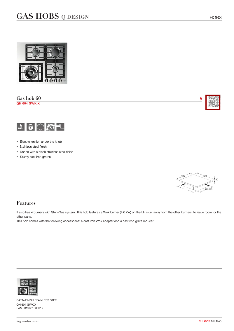Page n°1 - Fiche technique Fulgor Milano QH 604 GWK